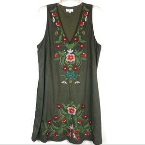 Umgee Faux Suede Floral Embroidered Sleeveless Dress Size Large Olive Green